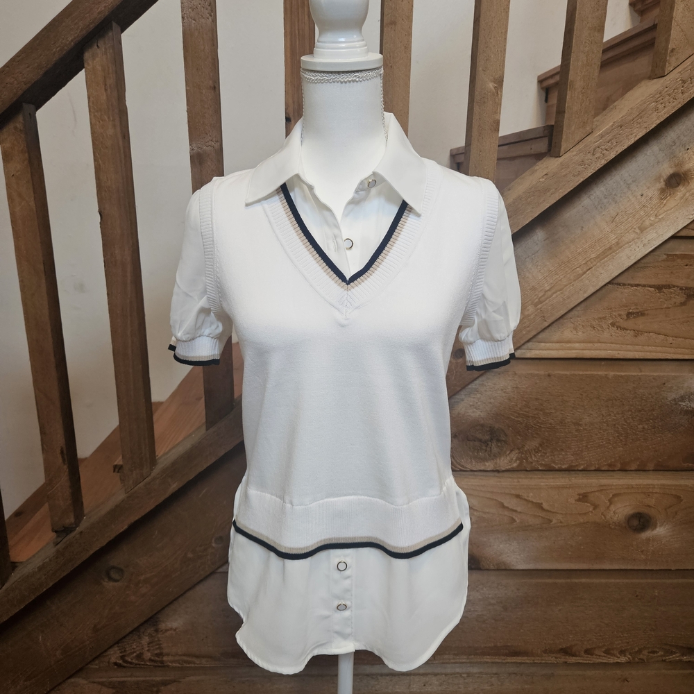 Women's White Collared Top with Black And Tan Trim